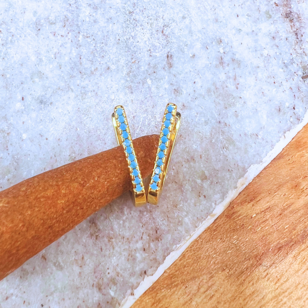 Minimalist Huggie Hoop Earrings, Small, Stackable, Turquoise Inlay, Hinged Backing, Mini Hypoallergenic