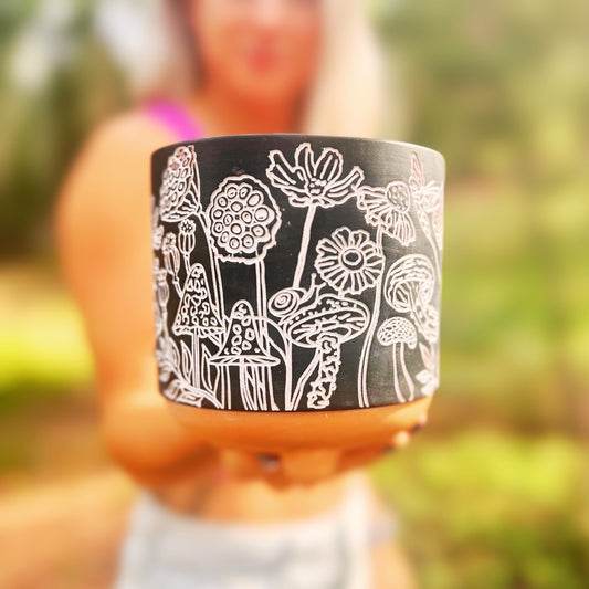 engraved mushrooms terracotta planter