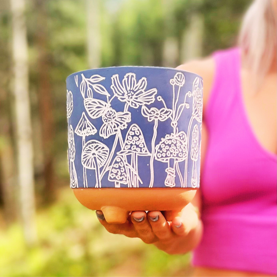 engraved mushrooms terracotta planter