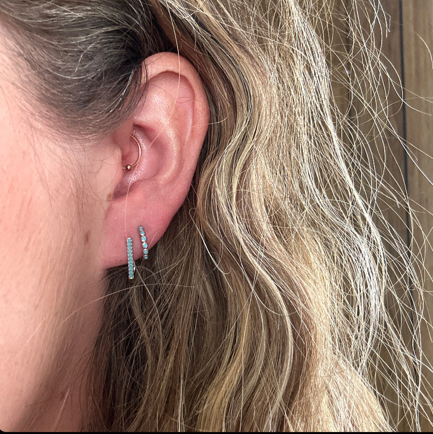Minimalist Huggie Hoop Earrings, Small, Stackable, Turquoise Inlay, Hinged Backing, Mini Hypoallergenic