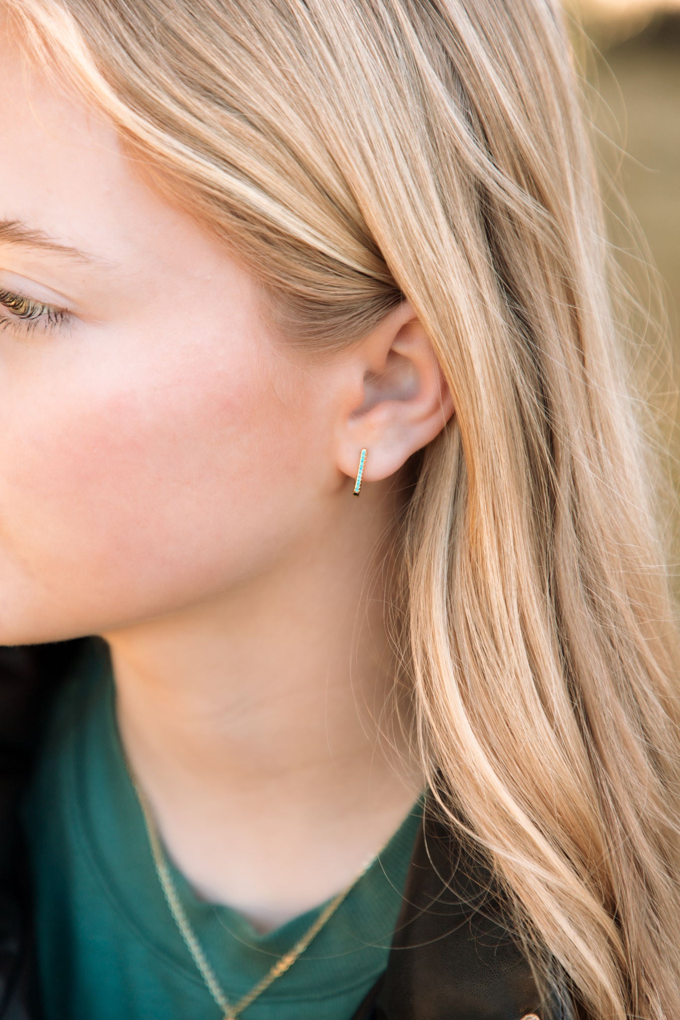 Minimalist Huggie Hoop Earrings, Small, Stackable, Turquoise Inlay, Hinged Backing, Mini Hypoallergenic
