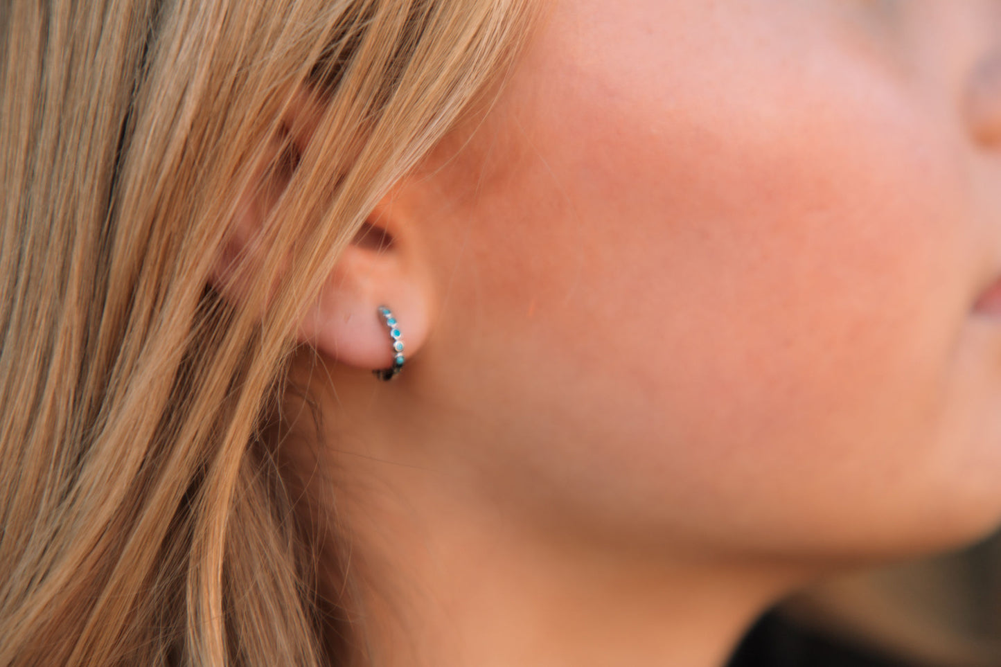 Minimalist Huggie Hoop Earrings, Small, Stackable, Turquoise Inlay, Hinged Backing, Mini Hypoallergenic