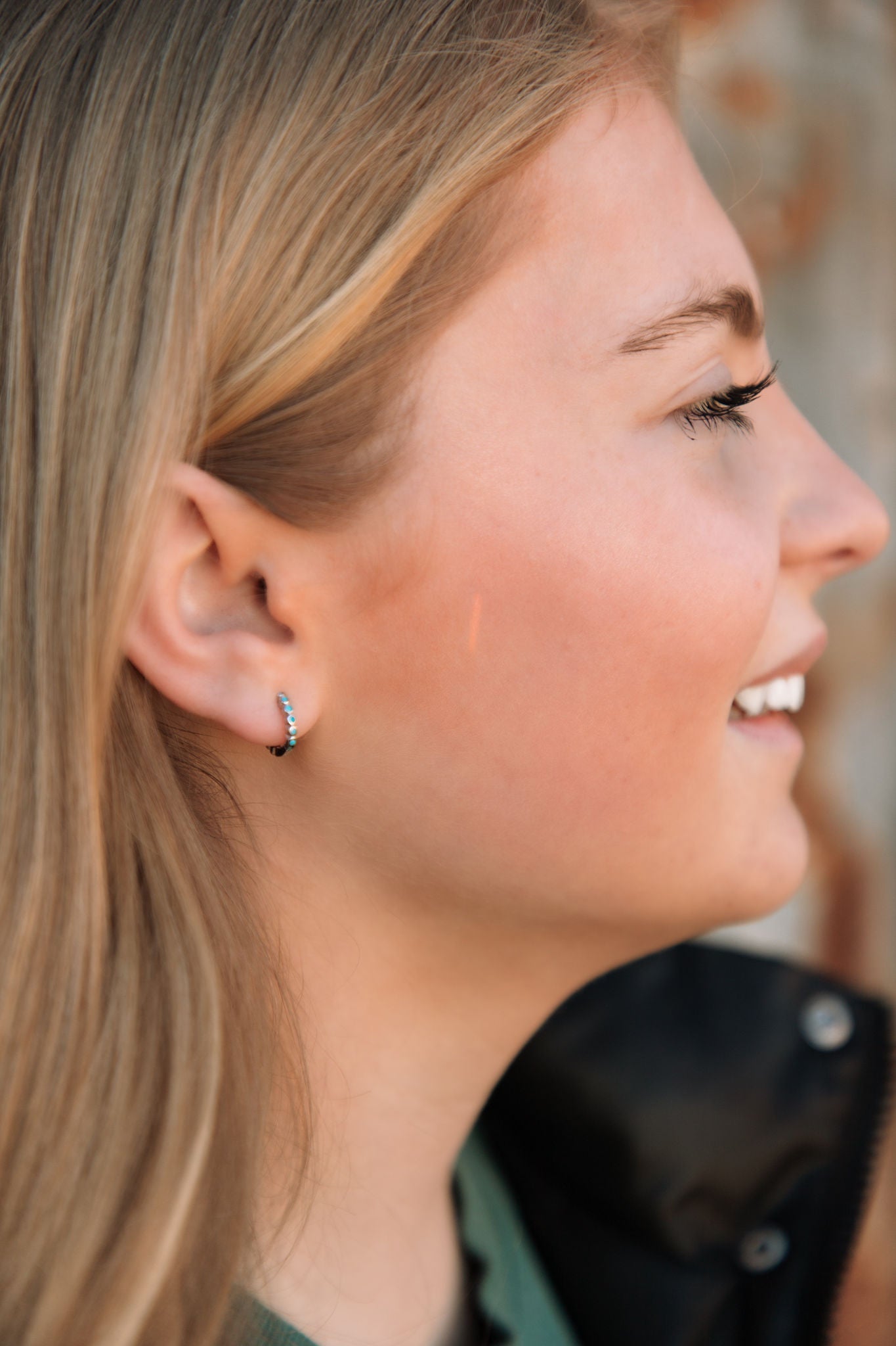 Minimalist Huggie Hoop Earrings, Small, Stackable, Turquoise Inlay, Hinged Backing, Mini Hypoallergenic