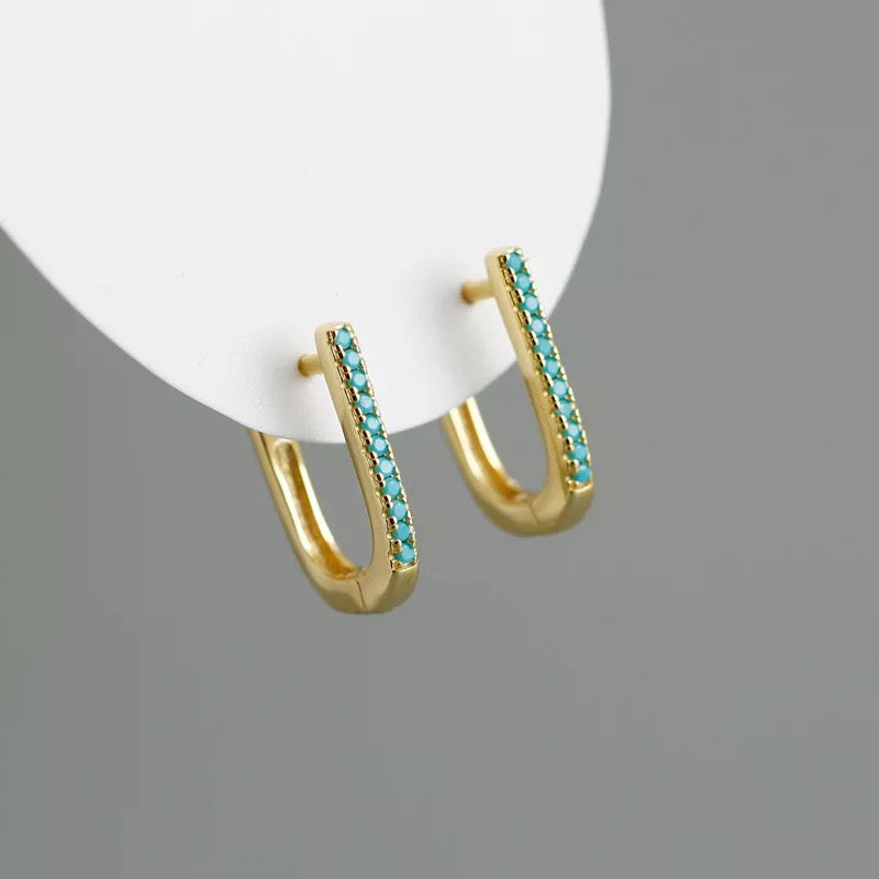 Minimalist Huggie Hoop Earrings, Small, Stackable, Turquoise Inlay, Hinged Backing, Mini Hypoallergenic