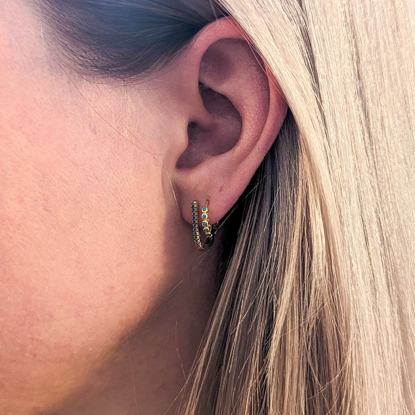 Minimalist Huggie Hoop Earrings, Small, Stackable, Turquoise Inlay, Hinged Backing, Mini Hypoallergenic