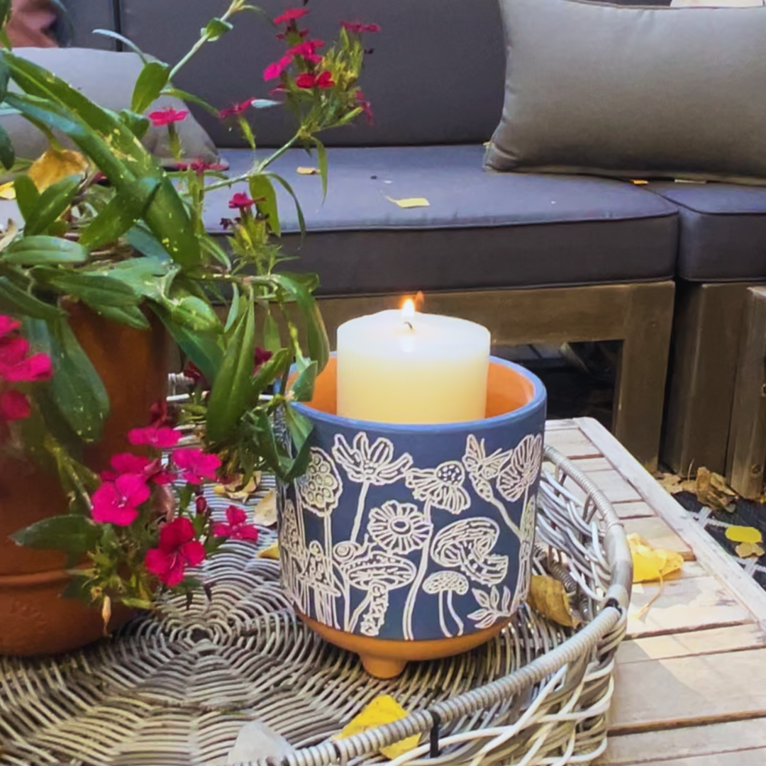 engraved mushrooms terracotta planter
