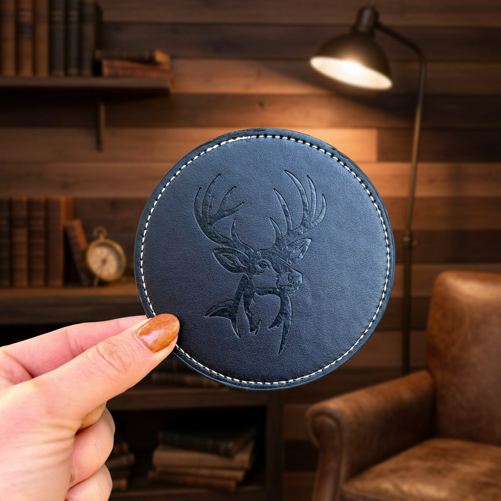 Black leather coaster with deer emblem held by a hand against a textured green background