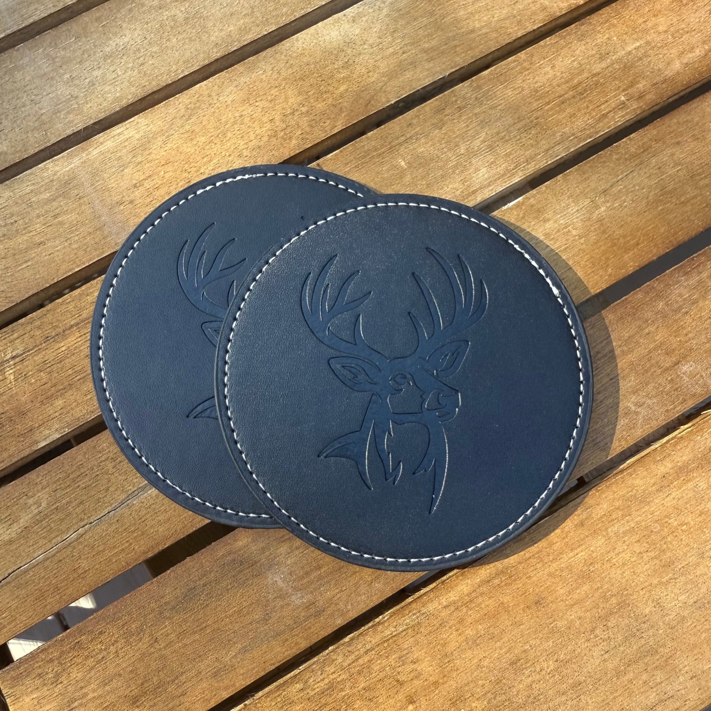 Rustic Coaster Set | Bear & Buck | Engraved Faux Leather Drink Coasters | Whiskey Gift for Dad, Man Cave Decor, Gift for Dad and Husband
