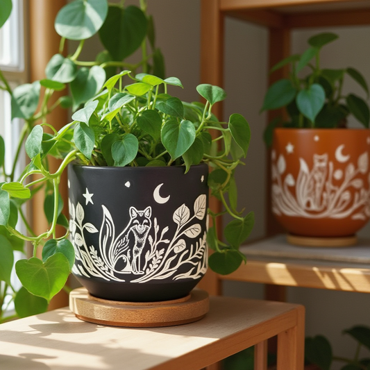 Blackout Terracotta Fox Planter | Drainage Hole with Wooden Tray | 6"