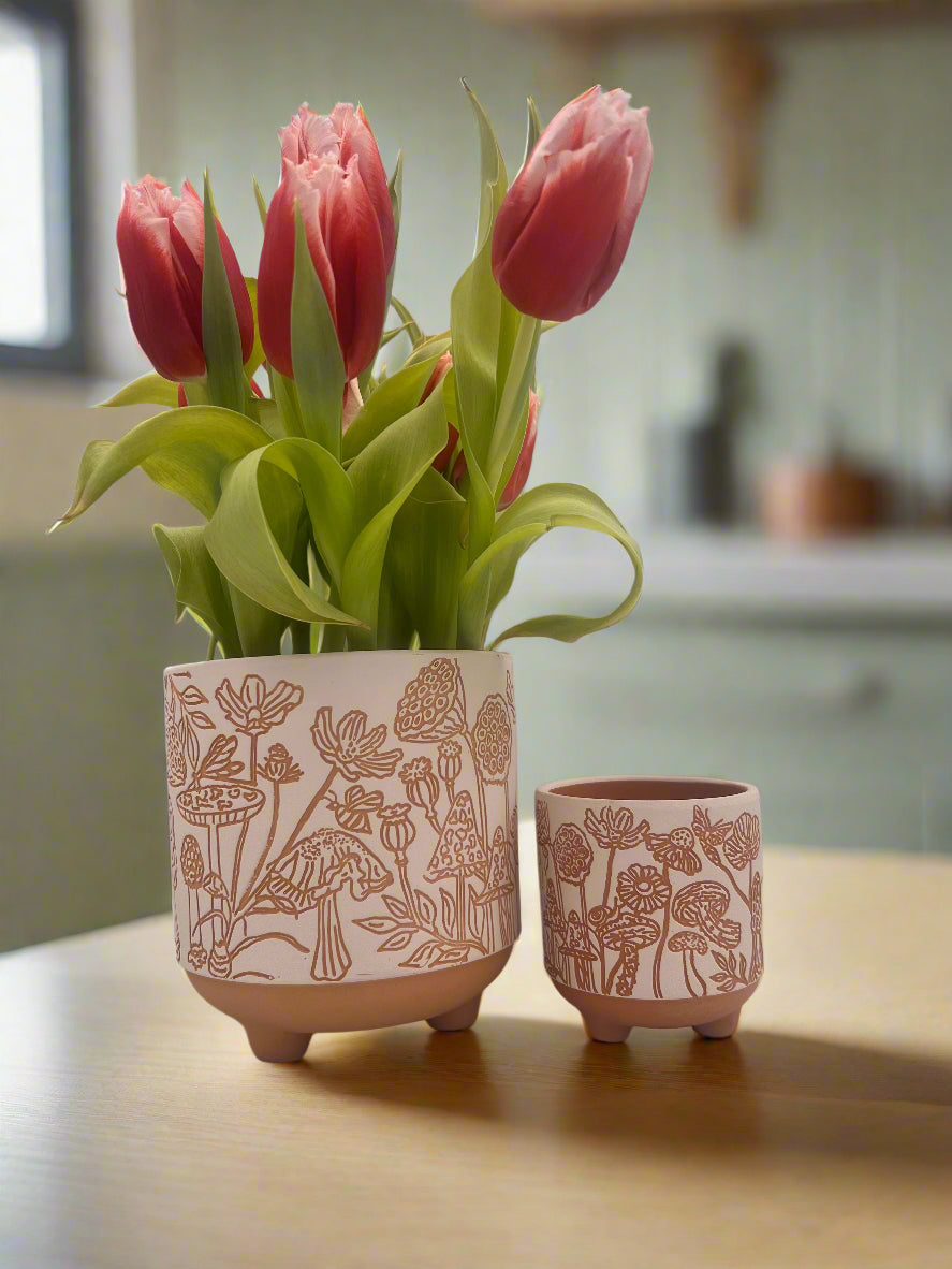 etched mushrooms terracotta planter