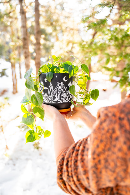 Blackout Terracotta Fox Planter | Sgraffito Styled, Nordic, Natural, Modern, Unique | Drainage Hole with Wooden Tray | 6"