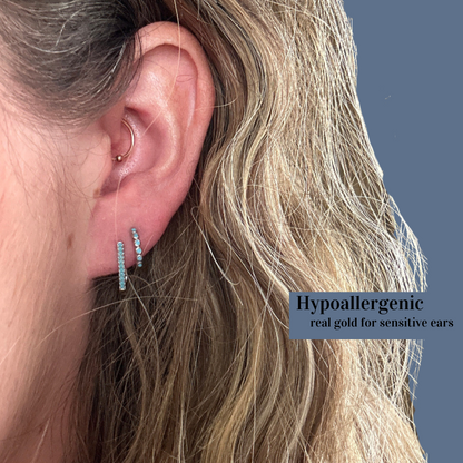Minimalist Huggie Hoop Earrings, Small, Stackable, Turquoise Inlay, Hinged Backing, Mini Hypoallergenic