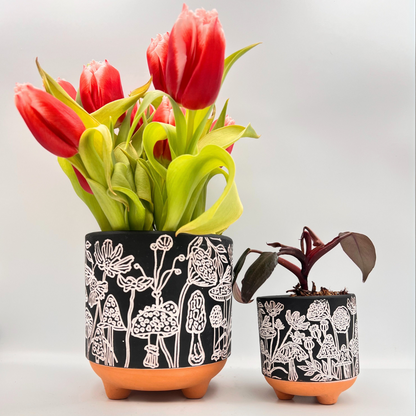 etched mushrooms terracotta planter