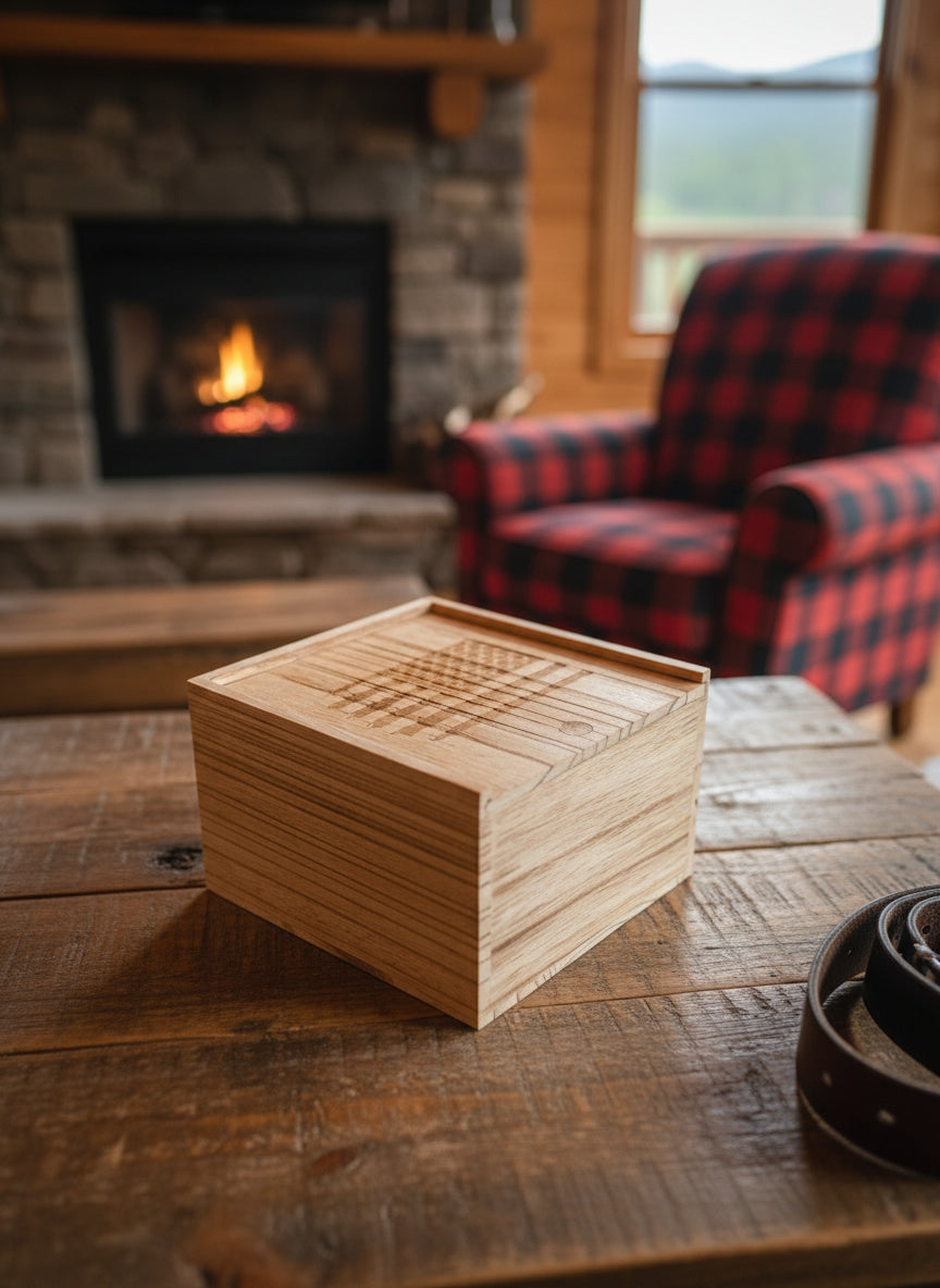 Wooden box with an american flag debossed into it on a wood table with a cozy, mountain cabin living room in the backgroud
