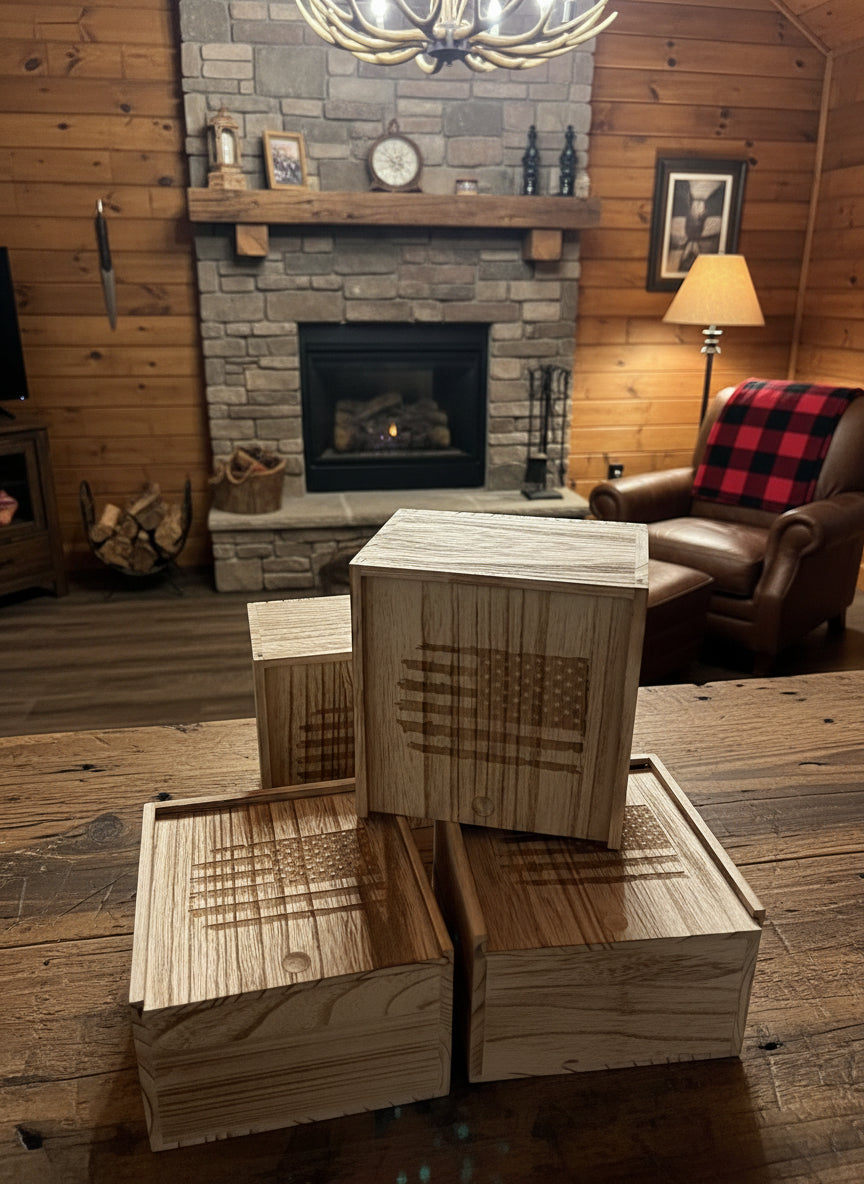 Wooden boxes with American flag design on a table