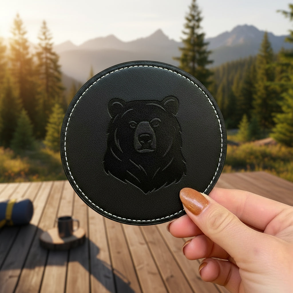Rustic Coaster Set | Bear & Buck | Engraved Faux Leather Drink Coasters | Whiskey Gift for Dad, Man Cave Decor, Gift for Dad and Husband