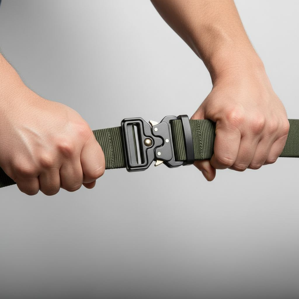Image showing hands pulling the hunter-green tactical belt to demonstrate strength. High tension, visible texture in the nylon webbing. Clean simple background.