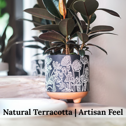 engraved mushrooms terracotta planter