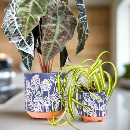 etched mushrooms terracotta planter