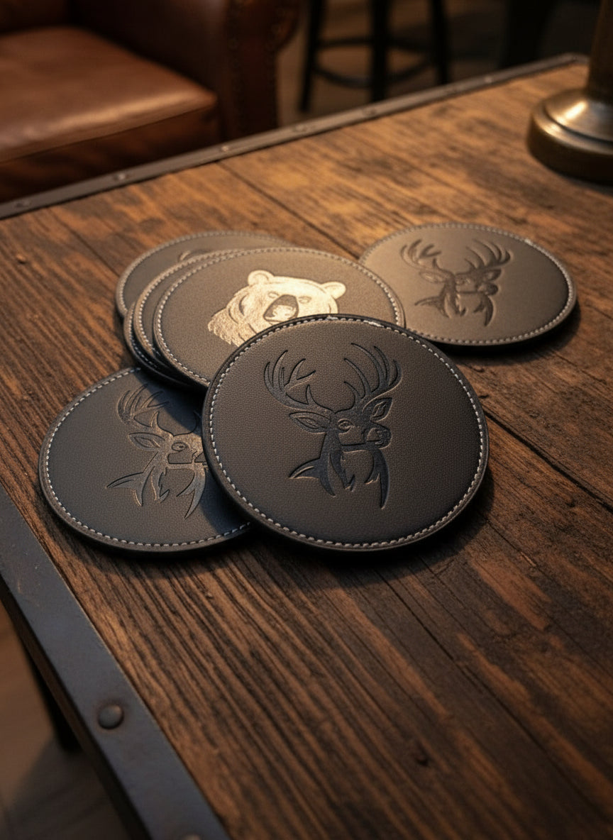 Set of black leather coasters with embossed designs on a wooden surface