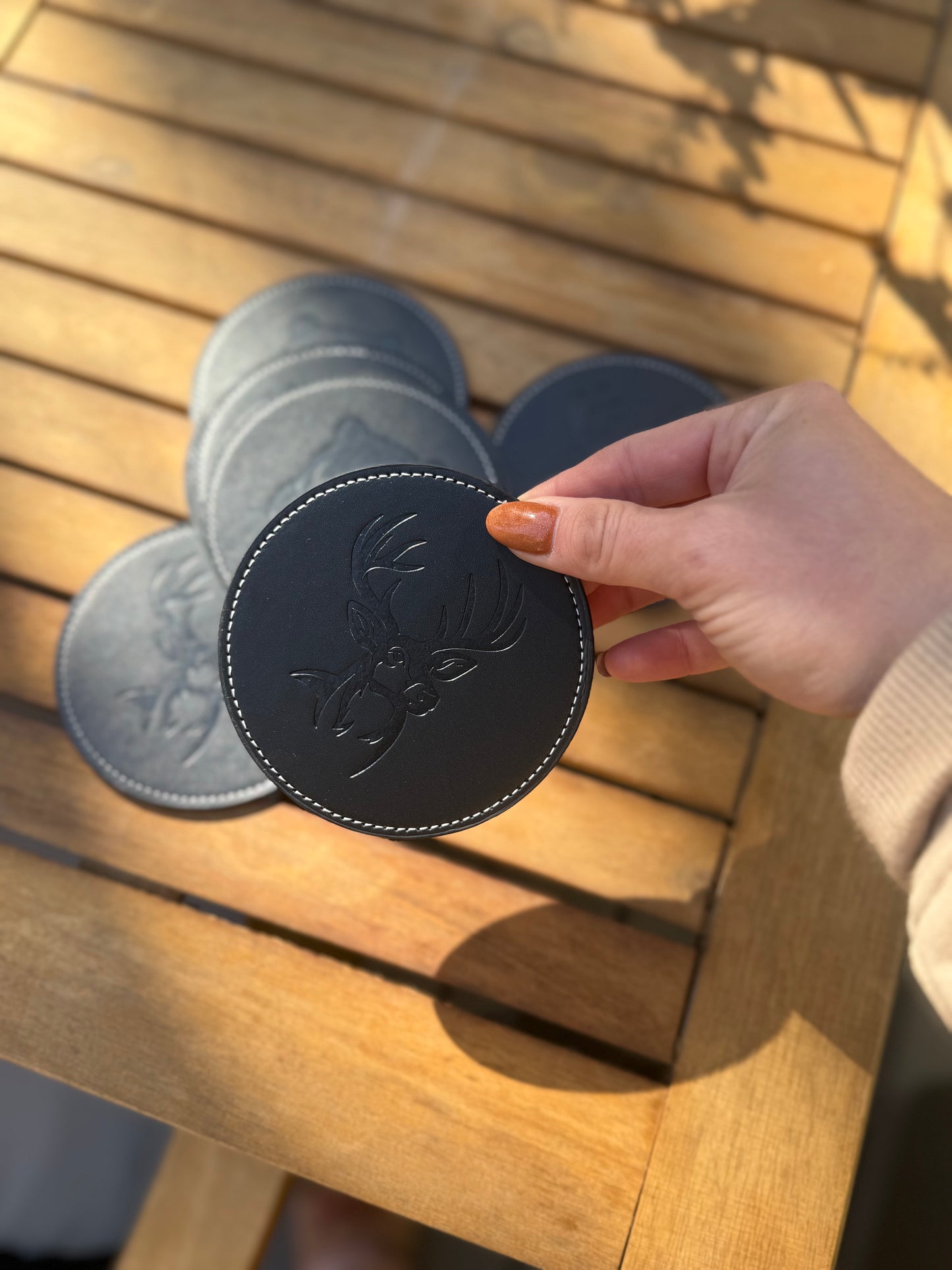 Rustic Coaster Set | Bear & Buck | Engraved Faux Leather Drink Coasters | Whiskey Gift for Dad, Man Cave Decor, Gift for Dad and Husband