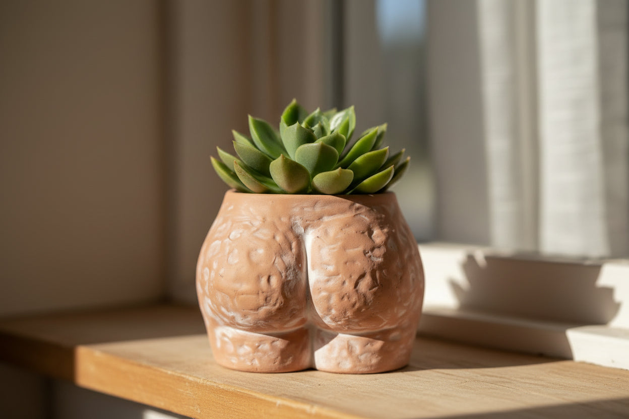 dimbled natural planter on a well lit white countertop