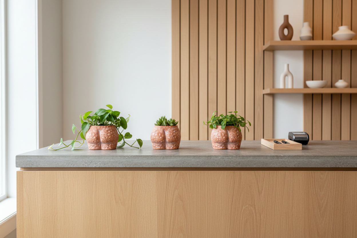Ceramic vase shaped like a stylized rear end with dimples/cellulite texture on a windowsill with a blurred outdoor background