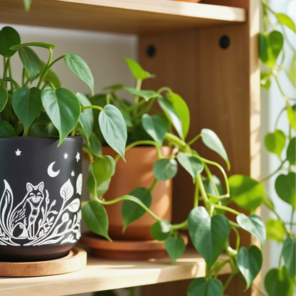 Blackout Terracotta Fox Planter | Drainage Hole with Wooden Tray | 6"