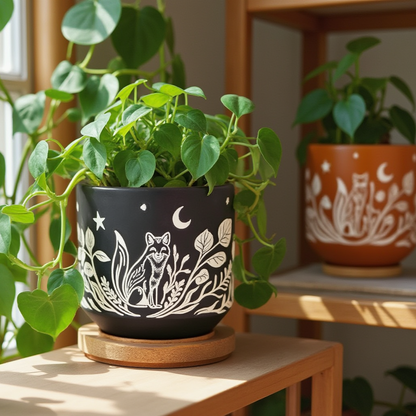 Blackout Terracotta Fox Planter | Drainage Hole with Wooden Tray | 6"