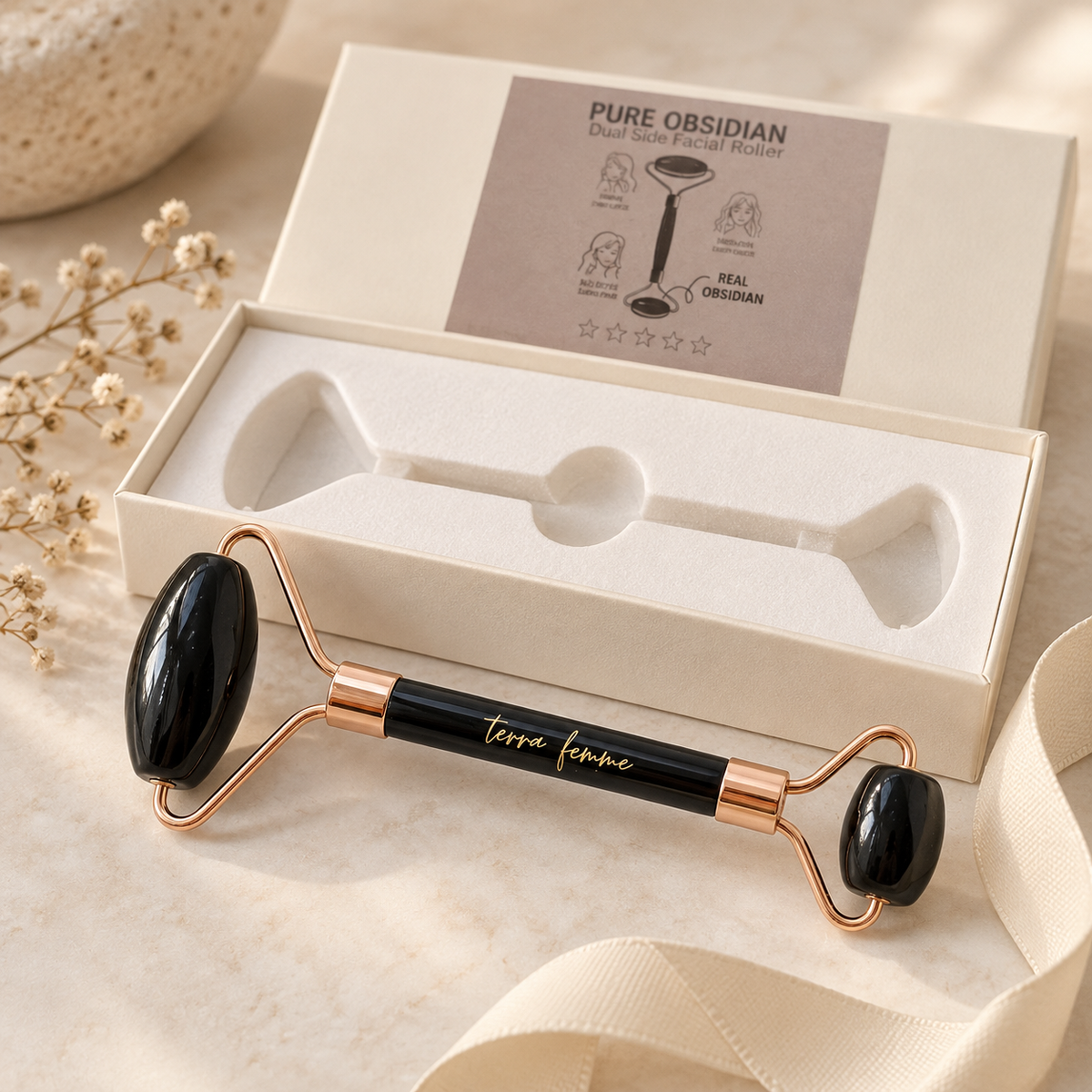 Black Obsidian Face Roller | Dual-Ended Facial Massage & Depuffing Tool