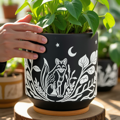 Blackout Terracotta Fox Planter | Drainage Hole with Wooden Tray | 6"