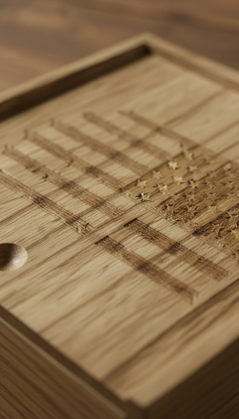 Wooden box with a an american flagon a beige surface