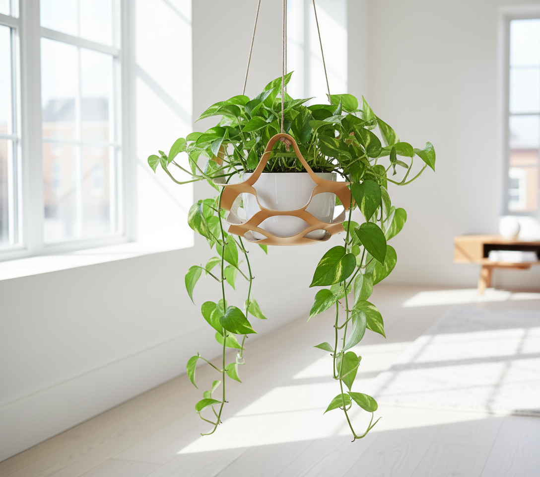 Hanging plant with a decorative gold metal holder against a white background