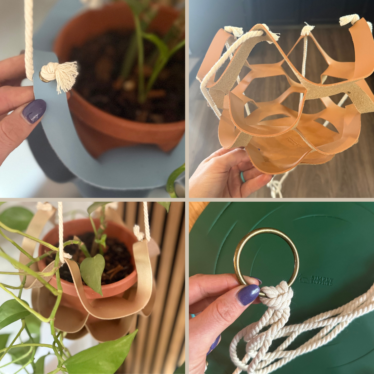 A 2x2 collage showing a macrame plant hanger in use: a hand holds a potted plant in a blue hanging basket, the hanger is shown empty and tan, another plant hangs in a terracotta pot, and a close-up shows the white rope knotting around a gold ring.