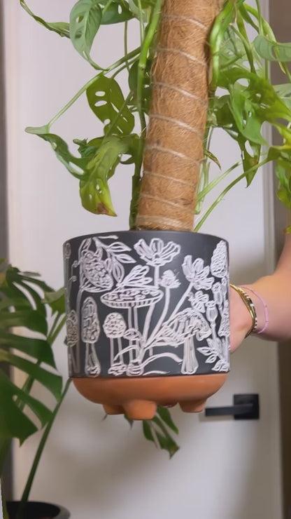 etched mushrooms terracotta planter