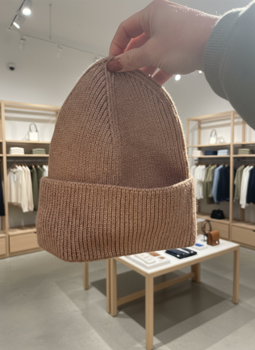 Beige knitted hat held by a hand with a blurred natural background