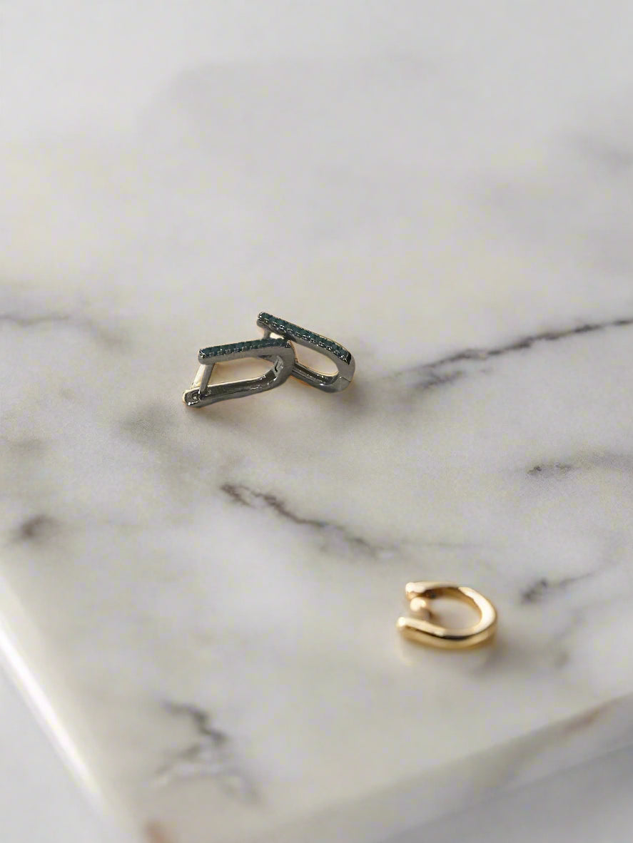 Minimalist Huggie Hoop Earrings, Small, Stackable, Turquoise Inlay, Hinged Backing, Mini Hypoallergenic