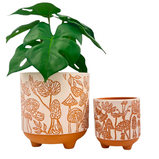 etched mushrooms terracotta planter