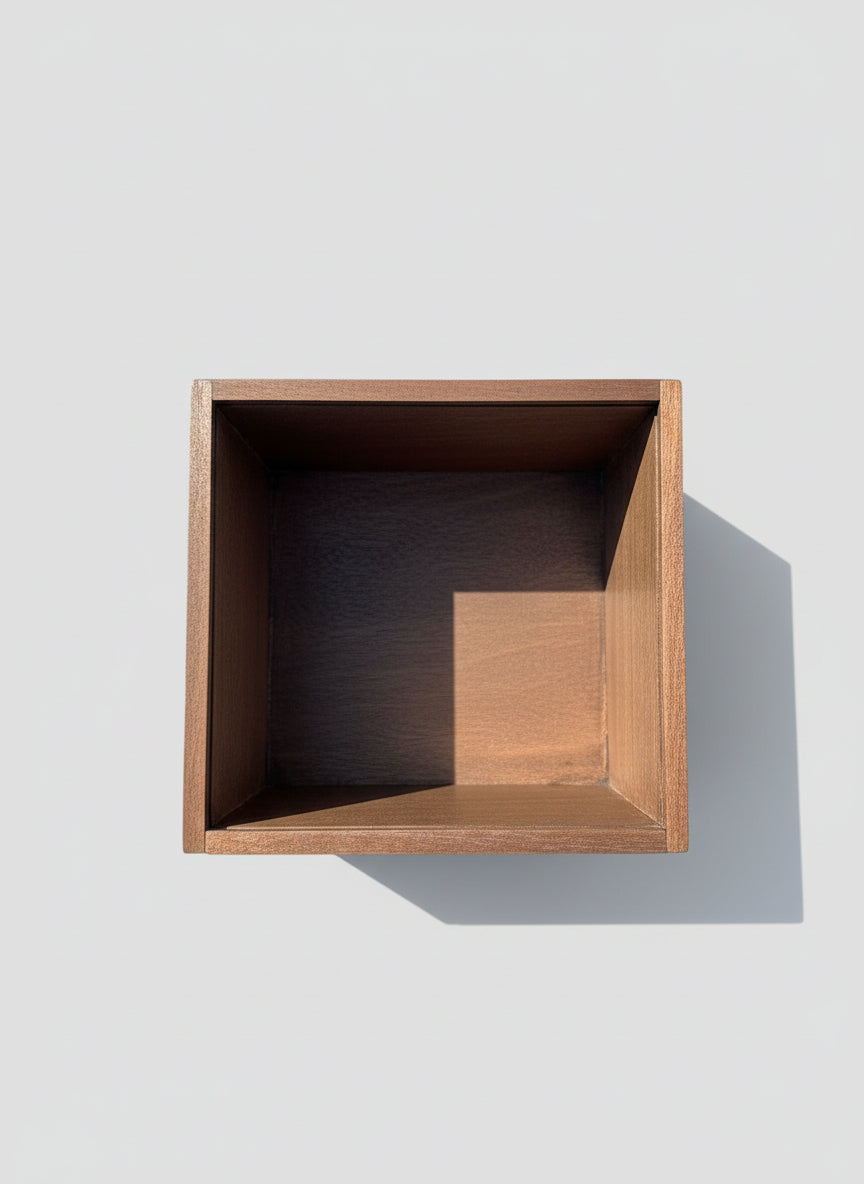 Top-down image of the wooden gift box with the acrylic lid removed, showing clean interior space. Neutral background, bright natural light, crisp detailing to highlight depth and storage size.
