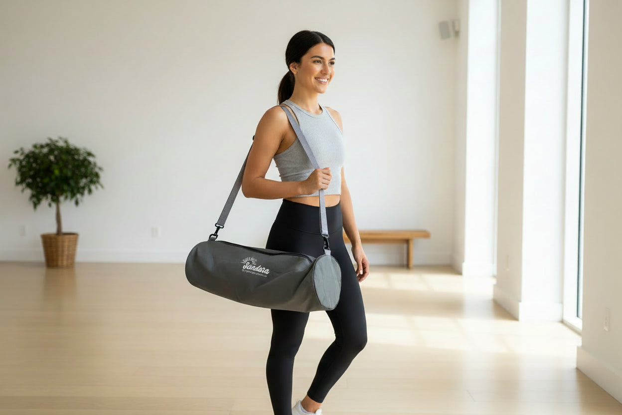 Gray bag with 'Sundara' logo on it with a woman carrying it in a yoga studio